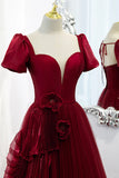 A-Line Satin Tulle Long Prom Dresses, Burgundy Evening Dresses HZ1024