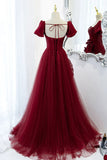 A-Line Satin Tulle Long Prom Dresses, Burgundy Evening Dresses HZ1024