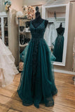 Green Tulle Lace Long Prom Dresses, A-Line Formal Evening Dresses HZ1024
