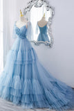 A-Line Tulle Long Prom Dresses, V-Neck Spaghetti Strap Long Princess Dresses HZ1024