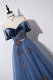 Blue Velvet Tulle Long Prom Dresses, Off the Shoulder Evening Dresses HZ1024