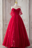 Red Tulle Long Prom Dresses, A-Line Off the Shoulder Formal Dresses HZ1024