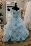 Blue Tulle Lace Long Prom Dresses, Off the Shoulder Evening Dresses HZ1024