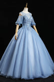 Blue Lace Long A-Line Prom Dresses, Blue Evening Dresses HZ1024