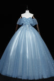 Blue Tulle Lace Long Prom Dresses, A-Line Off the Shoulder Evening Dresses HZ1024
