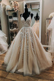 Champagne Tulle Lace Long Prom Dresses, A-Line Formal Evening Dresses HZ1024