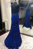 Mermaid Sequins Long Prom Dresses, Blue Backless Evening Dresses HZ1024