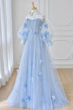 Blue Tulle Long Sleeve Prom Dresses, Cute A-Line Evening Dresses with Applique HZ1024