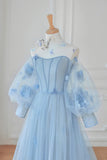 Blue Tulle Long Sleeve Prom Dresses, Cute A-Line Evening Dresses with Applique HZ1024