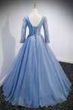 Previous Next Blue V-Neck Tulle Beading Long Prom Dresses, Long Sleeve Evening Dresses HZ1024