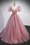Pink V-Neck Tulle Long Prom Dresses, A-Line Evening Party Dresses HZ1024