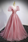 Pink V-Neck Tulle Long Prom Dresses, A-Line Evening Party Dresses HZ1024