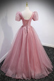 Pink V-Neck Tulle Long Prom Dresses, A-Line Evening Party Dresses HZ1024