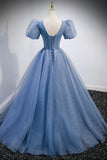 Blue V-Neck Tulle Beading Long Prom Dresses, Blue Short Sleeve Evening Dresses HZ1024