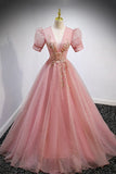 Pink V-Neck Tulle Long Prom Dresses, A-Line Short Sleeve Evening Dresses HZ1024