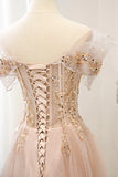Pink Tulle Sequins Long Prom Dresses, A-Line Off the Shoulder Evening Dresses HZ1024