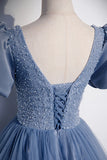 Blue Tulle Beading Long Prom Dresses, A-Line Short Sleeve Evening Dresses HZ1024