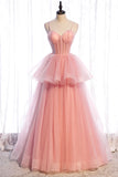 Pink Tulle Long Prom Dresses, A-Line Evening Dresses HZ1024