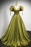 Green V-Neck Long Prom Dresses, A-Line Evening Dresses HZ1024