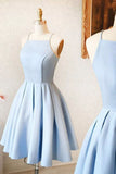 Blue Satin Short Prom Dresses, A-Line Evening Dresses HZ1024