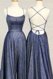Blue A-Line Backless Long Prom Dresses, Blue Evening Dresses HZ1024