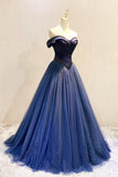 A-Line Tulle Beading Long Prom Dresses, Off the Shoulder Evening Dresses HZ1024