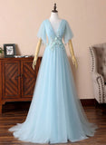 Blue V-Neck Lace Long Prom Dresses, A-Line Evening Dresses HZ1024
