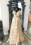 Champagne V-Neck Sequins Long Prom Dresses, A-Line Evening Dresses HZ1024