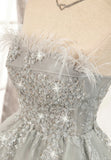 Gray Strapless Feather Short Prom Dresses, Cute Party Dresses HZ1024