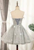Gray Strapless Feather Short Prom Dresses, Cute Party Dresses HZ1024
