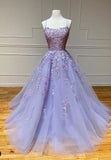 Purple Lace Long Prom Dresses, A-Line Backless Evening Dresses HZ1024
