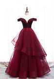 Burgundy Tulle Long A-Line Prom Dresses, Off the Shoulder Evening Dresses HZ1024