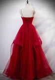 Burgundy Tulle Long Prom Dresses, V-Neck Evening Dress HZ1024