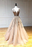 Plunging V-Neck Tulle Long Prom Dresses, Lace Formal Dresses HZ1024