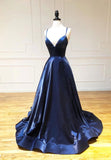 Simple Satin Long Prom Dresses, A Line Blue Evening Dresses HZ1024