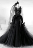 Black Lace Long Prom Dress, A-Line Backless Evening Dress HZ1024