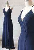 Blue Chiffon Lace Long Prom Dress, Blue A-Line Evening Dress HZ1024