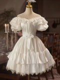 White Satin Lace Knee Length Prom Dress, A-Line Off the Shoulder Evening Party Dress HZ1024
