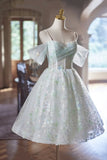 Green Tulle Knee Length A-Line Party Dress, Lovely Off the Shoulder Evening Dress HZ1024
