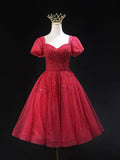 Burgundy Tulle Beaded Knee Length Party Dress, A-Line Short Sleeve Evening Party Dress HZ1024