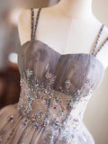 Gray Tulle Sequins Short Party Dress, Cute Spaghetti Strap Backless Evening Dress HZ1024