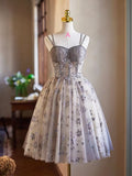 Gray Tulle Sequins Short Party Dress, Cute Spaghetti Strap Backless Evening Dress HZ1024