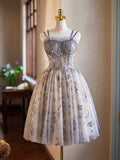 Gray Tulle Sequins Short Party Dress, Cute Spaghetti Strap Backless Evening Dress HZ1024