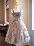 Gray Tulle Sequins Short Party Dress, Cute Spaghetti Strap Backless Evening Dress HZ1024