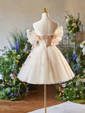 Champagne Floral Tulle Short A-Line Prom Dress, Off the Shoulder Evening Party Dress HZ1024
