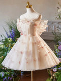 Champagne Floral Tulle Short A-Line Prom Dress, Off the Shoulder Evening Party Dress HZ1024
