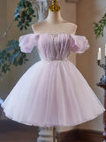 Purple Tulle Short A-Line Party Dress, Lovely Off the Shoulder Evening Dress HZ1024
