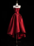 Burgundy Satin Hight Low Prom Dress, Lovely A-Line Strapless Party Dress HZ1024