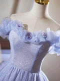 Lilac Tulle Knee Length Prom Dress, Lovely A-Line Off the Shoulder Evening Party Dress HZ1024