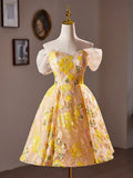 Yellow Floral Sequins Knee Length Prom Dress, Off the Shoulder Evening Party Dress HZ1024